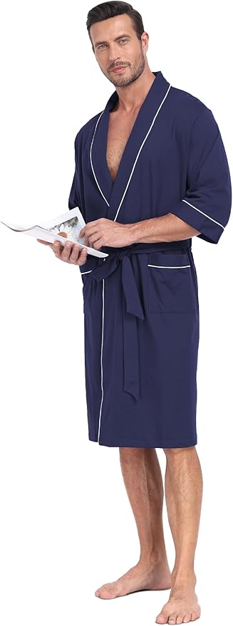 COLORFULLEAF 100% Cotton Men’s Summer Bathrobe Lightweight & Breathable Short Sleeve Kimono Robe with Pockets
