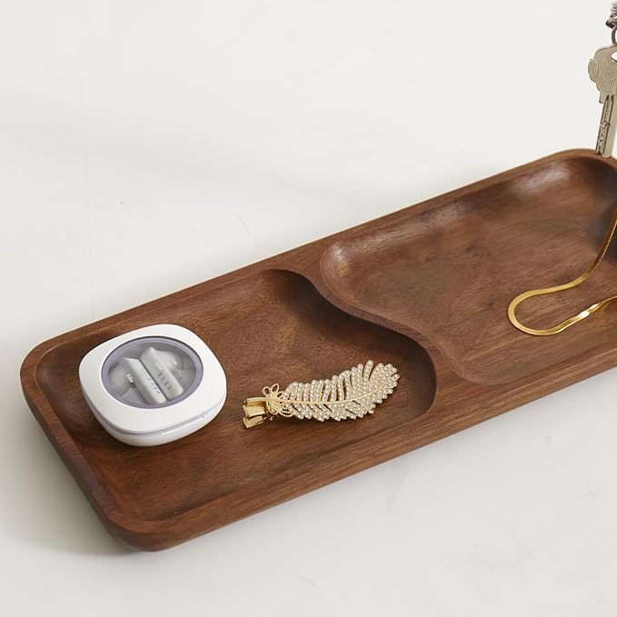 Black Walnut Solid Wood Key Dish Bowl for Entryway Table Square Tray With 3 Hooks, Open Storage for Keys, Wallet, Jewelry (Walnut, Rectangle)