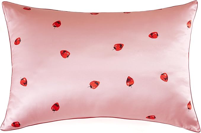 THXSILK Natural Mulberry Silk Pillowcase Hypoallergenic Zipper Pillow Case - Grade 6A+ Mulberry Real Silk Pillowcase Organic Silk Pillow Cover, 1PC (Pink Strawberry, Queen Size 20"x30")