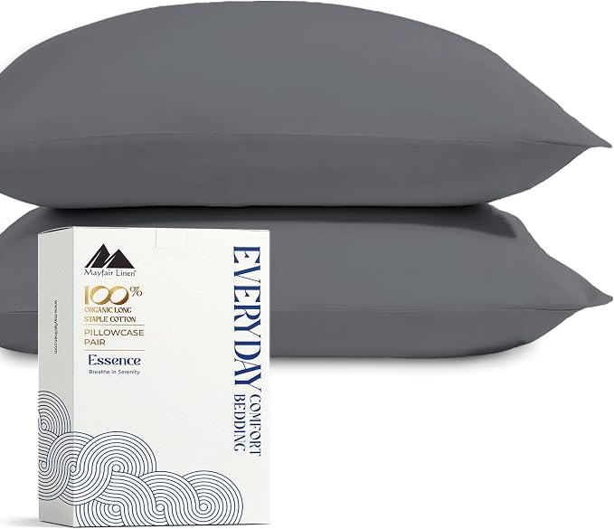 Mayfair Linen 100% Organic Cotton Percale Pillow Cases Queen/Standard Size Set of 2 - Percale Pillowcovers Standard/Queen (Dark Grey), Soft Cooling Pillow Case for Sleeping, Cotton Pillowcases