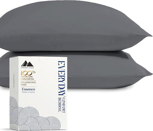 Mayfair Linen 100% Organic Cotton Percale Pillow Cases Queen/Standard Size Set of 2 - Percale Pillowcovers Standard/Queen (Dark Grey), Soft Cooling Pillow Case for Sleeping, Cotton Pillowcases