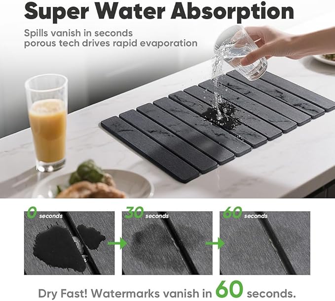 Stone Drying Mat for Kitchen Counter, Quick Diatomaceous Earth Mats for Dishes, 24"L x 16" W Super Absorbent Fast-Drying Collapsible Countertop Stone Mat (Marble Grey, 24" x 16")