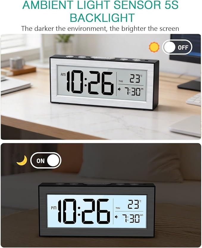 ORIA Battery Operated Digital Clock, Small Travel Alarm Clock with Auto Dimmer, Date, Temp & Week, Bedside Desk Clock with LCD Display for Bedroom, Office, Batteries Included