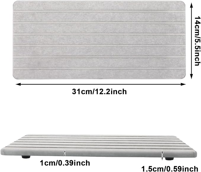 Water Absorbent Diatomite Coasters 12.2 Inch x 5.5 Inch 2 Pcs Grooved Design Diatomaceous Earth Soap Holder Grey Water Absorbing Stone Tray for Sink Cups Plants Cosmetic Bottles