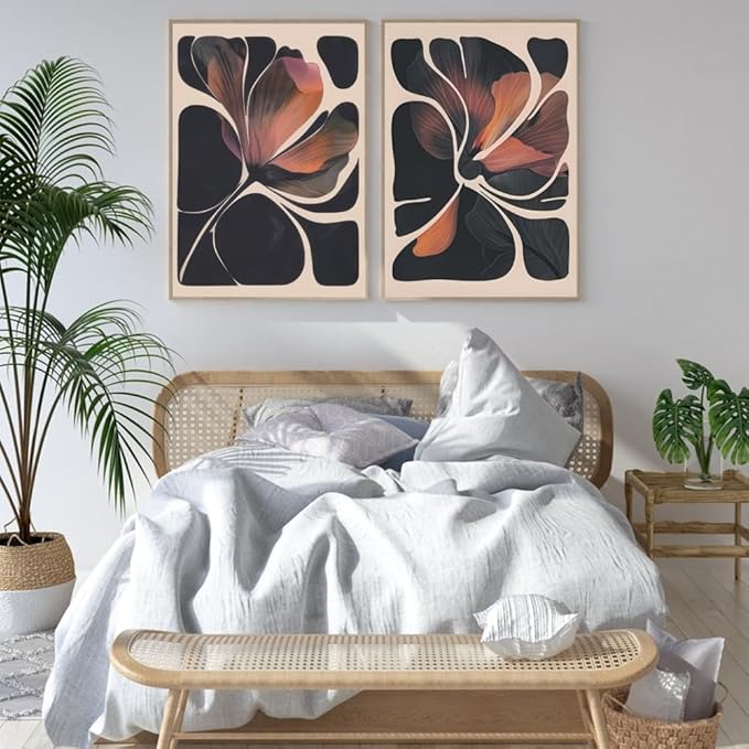 Abstract Floral Wall Art Prints Set of 2 Modern Mid Century Botanical Canvas Painting Posters Black Orange Flower Picture Wall Decor Aesthetic for Bedroom Home Decor 8x12inch Wrapped Framed