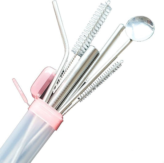 Stainless Steel Straws Spoon Drinking Straws Reusable Set of 6 Bent and Straight Cleaning Brush Included
