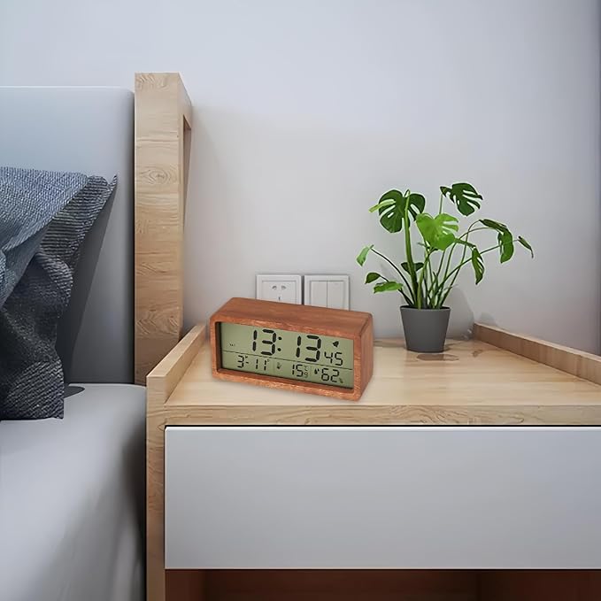 Digital Wooden Alarm Clock with Backlight Temperature Humidity LCD Big Display Soft Date Week 12/24 Hour Switch Snooze Mode Easy to Use for Students Office