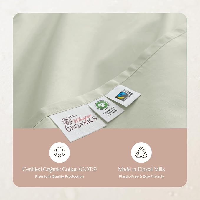 Organic Twin Fitted Sheet Only Deep Pocket - 100% Organic Cotton Sheets with Breathable 300 Thread Count Sateen Weave GOTS & Fairtrade Certified - Soft Fitted Bed Sheets Only (Pastel Green, Twin)