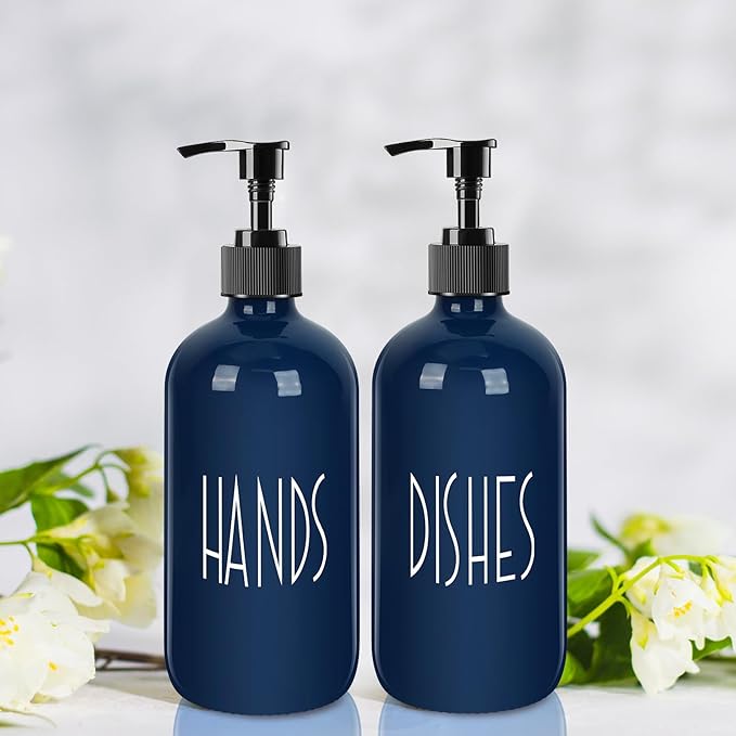 Dish Soap Dispenser for Kitchen - 16 OZ Glass Hand Soap Dispenser Set - Kitchen Bathroom Decor and Accessories (Navy Blue)