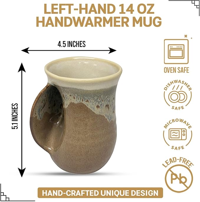 Clay in Motion Hand Warmer Coffee Mug – Handmade Coffee Mug With Comfortable Handle Contoured Pocket Hand Warming Ceramic Coffee Mug – Proudly Made in USA – Left Handed – 14 Oz - Desert Sand