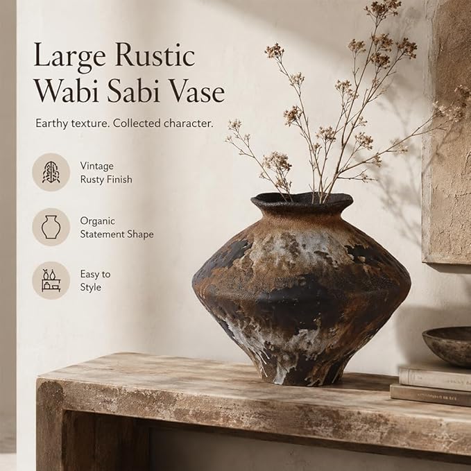 Large Wabi Sabi Rusty Vintage Ceramic Vase, 9.8" Rustic Pottery Vase for Centerpieces, Wabi Sabi Decor Flower Vases for Table, Living Room, Bedroom, Bathroom, Kitchen, Farmhouse Home Decor Gifts