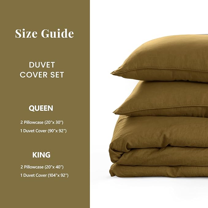 S VICTORY SYMBOL Pure Linen Duvet Cover Set 3pcs,Natural French Washed Flax Solid Color Soft Breathable(1 Duvet Cover and 2 Pillowcases) with Coconut Buttons Closure(Full,Ecru Olive)