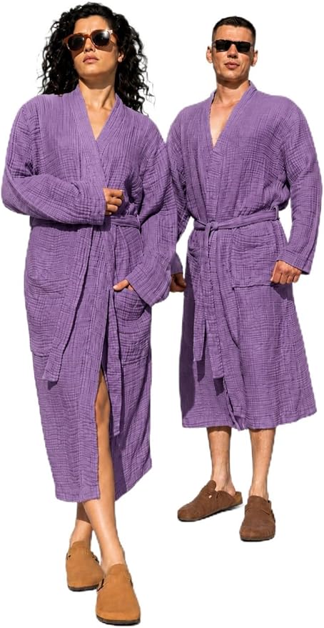 Muslin Unisex Bathrobe Women & Men, 100% Cotton Kimono Lightweight Robe | Long Robes Soft, Absorbent, Spa robes