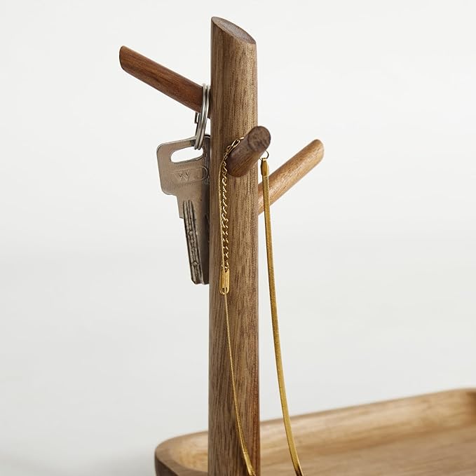 Solid Acacia Wood Key Tray and Bowl for Entryway Table - Jewelry Tray With 3 Hooks, Open Storage for Wallet, Glasses, Watches, Lipstick (Acacia, small)
