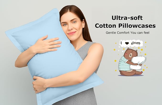 2 Pack Pillow Shams King Size 20x40 – 600 Thread Count 100% Organic Cotton Sky Blue Pillow Covers with 2 Inch Decorative Flange, Soft & Smooth Premium Hotel-Quality Pillowcases Set of 2