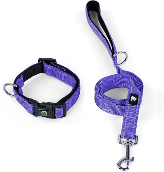 IVY&LANE Reflective Dog Collar and Leash Set,Adjustable Neoprene Padded Dog Collars for Puppy, Breathable Nylon Pet Collar for Small Medium Large Dogs (Large,Purple)