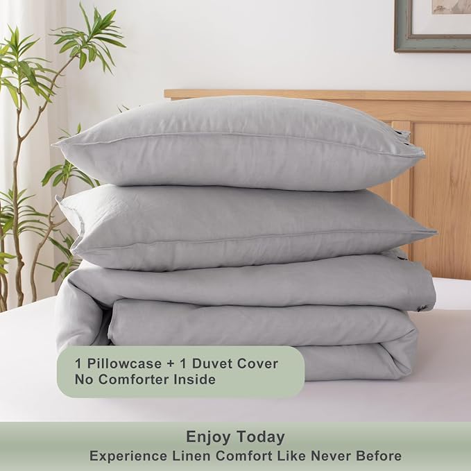 TOSMO 100% Linen Duvet Cover Set with Button Closure, 2 Pieces (1 Duvet Cover with 1 Pillowcase), Soft Breathable Durable Farmhouse Bedding - Twin, Soft Grey