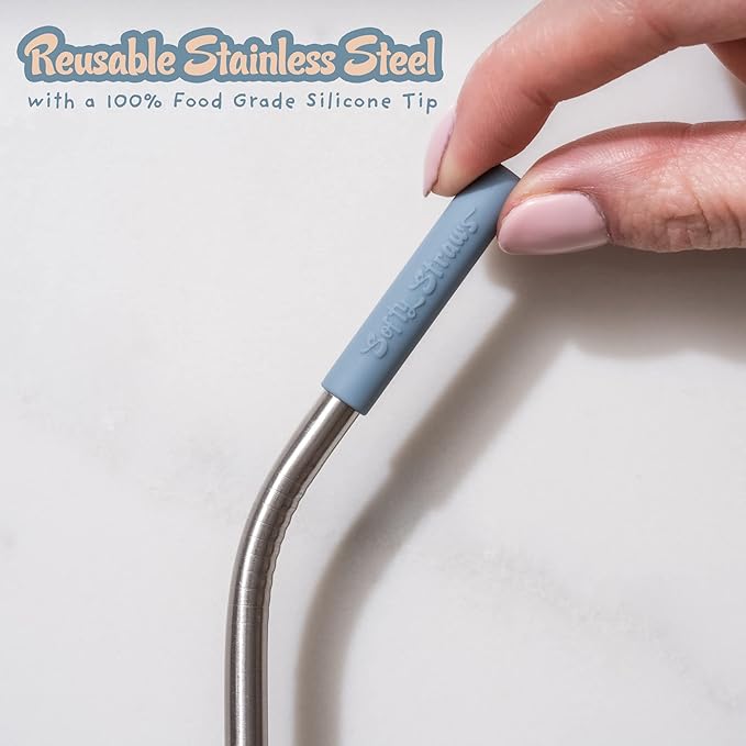Softy Straws Premium Reusable Stainless Steel Drinking Straws With Silicone Tips + Patented Straw Cleaners and Carrying Case - 9” Long Metal With Curved Bend for 20/30/32oz Tumblers - Natural Colors