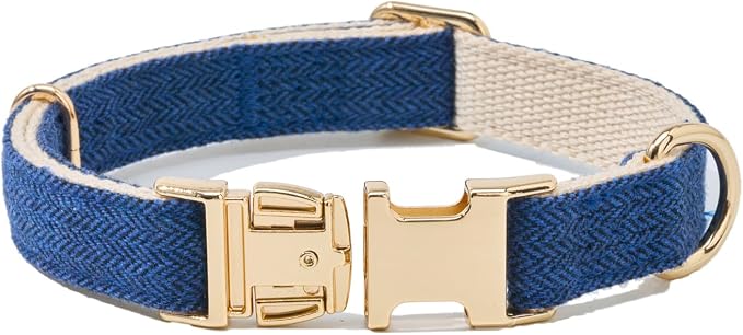 Soft Cotton Hemp Dog Collar with Metal Buckle Adjustable Tweed Dog Collars for Small Medium Large Dogs(Royal Blue,Small)