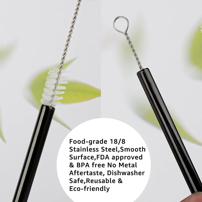 Tronco Set of 6 Stainless Steel Reusable Metal Straws with Silicone Flex Tips Elbows Cover, Metal Drinking Straws for Tronco Tumbler, 6 Steel Straws,6 Silicone Tips,1 Straw Cleaning Brush（Black)