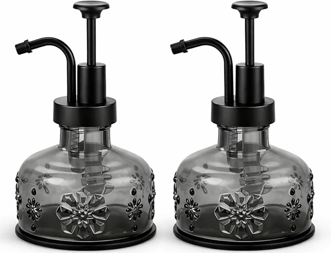 Tioncy 2 Pcs Antique Soap Dispenser Kitchen Bathroom Countertop Glass Soap Pump Dispenser Refillable Rustic Small Liquid Container with Non Slip Silicone Coaster(Black)