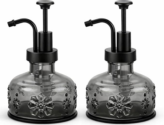 Tioncy 2 Pcs Antique Soap Dispenser Kitchen Bathroom Countertop Glass Soap Pump Dispenser Refillable Rustic Small Liquid Container with Non Slip Silicone Coaster(Black)