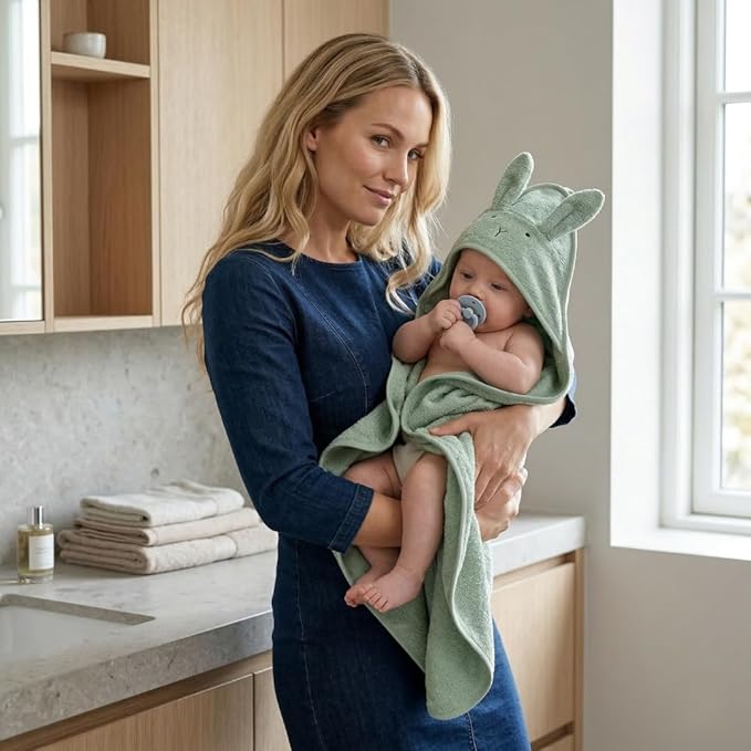 Hooded Baby Towels – 100% Organic Cotton Baby Bath Towels – Baby Boy and Girl Newborn Essentials - Super-Soft and Absorbent. (2-Pack Fog Bear and Roman Green Rabbit)