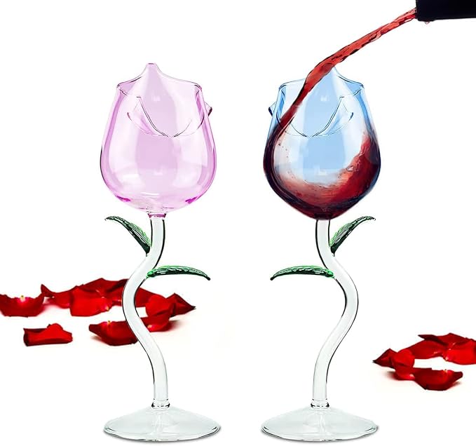 Rose Wine Glass Set of 2 Stemmed Drinking Wine Goblet (260ml, Blue & Pink) | Cocktail Champagne Flutes Classy Red Wine Party Dinner Wedding Festival Kitchen Bar Celebration Birthday Gift Housewarming