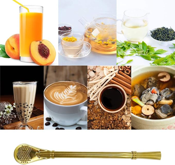 Stainless Steel Straw Filter Spoon, Yerba Mate Bombilla, Loose Leaf Tea Strainer, Tea Straw for Drinking Coffee, Cocktail, Pack of 5 with Cleaning Brush (5 colors)