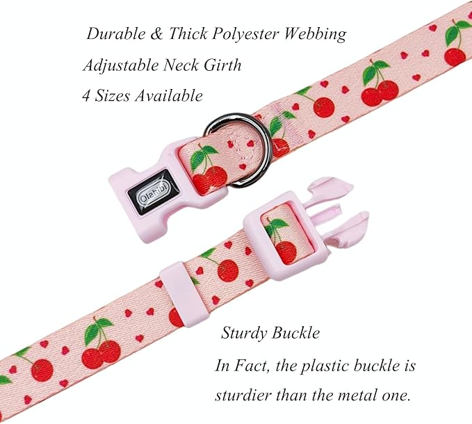 Dog Collar Leash Set, Fruit Pattern, Polyester Material, Adjustable Collar and 5ft Matching Leash, for Medium Dogs.(M, Pink Cherry)