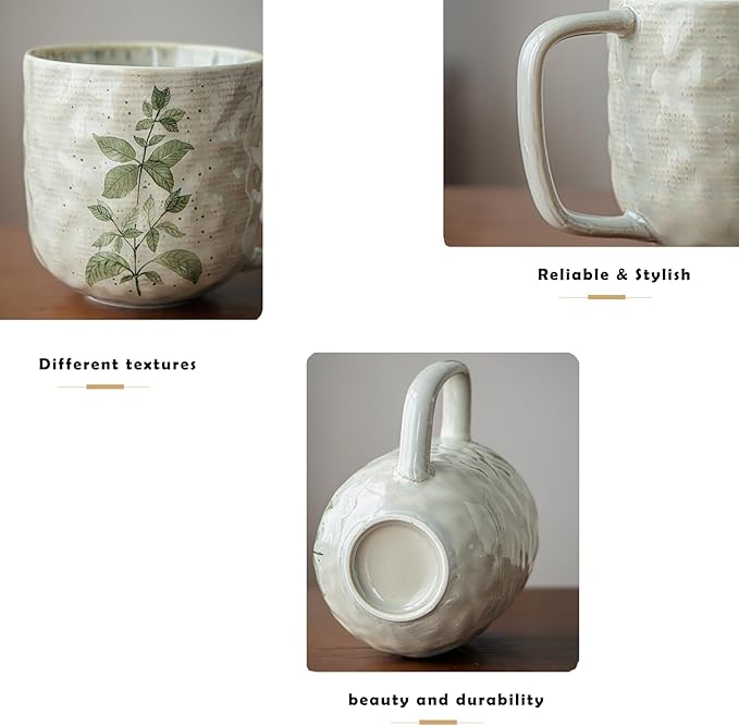 Ceramic Mugs for Men & Women, Unique Microwave & Dishwasher Safe Tea/Coffee Rustic Stoneware Cups for Office & Home (Green Leaf)