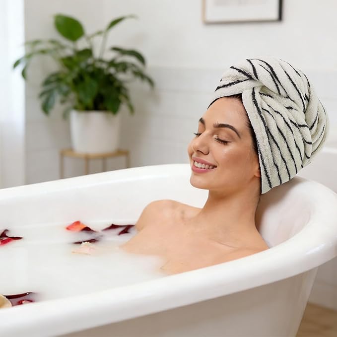 Jacquotha 2 Pack Cotton Hair Wrap Towels for Women (Black & White Striped) - Super Absorbent & Quick Dry Hair Turbans for Wet Curly Long Hair, 25” x 9.5”