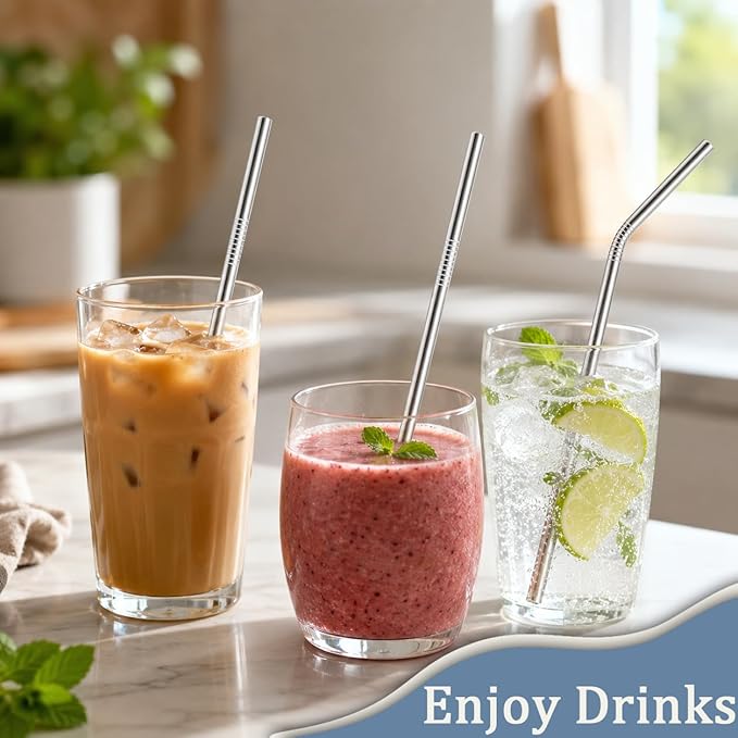 16 Pack Reusable Stainless Steel Metal Straws: 4 Straight 8.5" + 4 Bent 8.5" + 4 Straight 10.5" + 4 Bent 10.5", with 4 Cleaning Brushes, Dishwasher Safe for 20 24 30 oz Tumblers