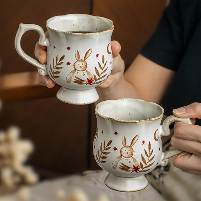 10 oz Footed Ceramic Mug, White & Brown Glazed Coffee Cup, Rustic Decorative Tea Cup with Bunny & Star Pattern for Home Office, Dishwasher & Microwave Safe