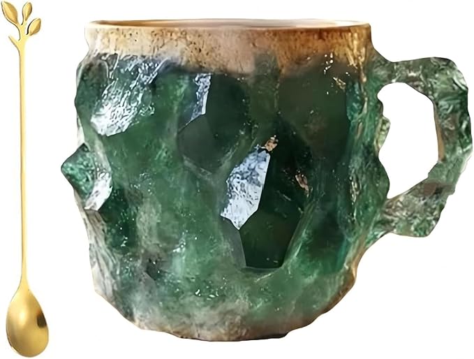 Mineral Crystal Coffee Mugs, Resin Imitating Natural Agate Appearance, Mineral Coffee Mug New Elegant Multi Colored, Durable and Dishwasher Safe for Daily Use & Gifting(Green)