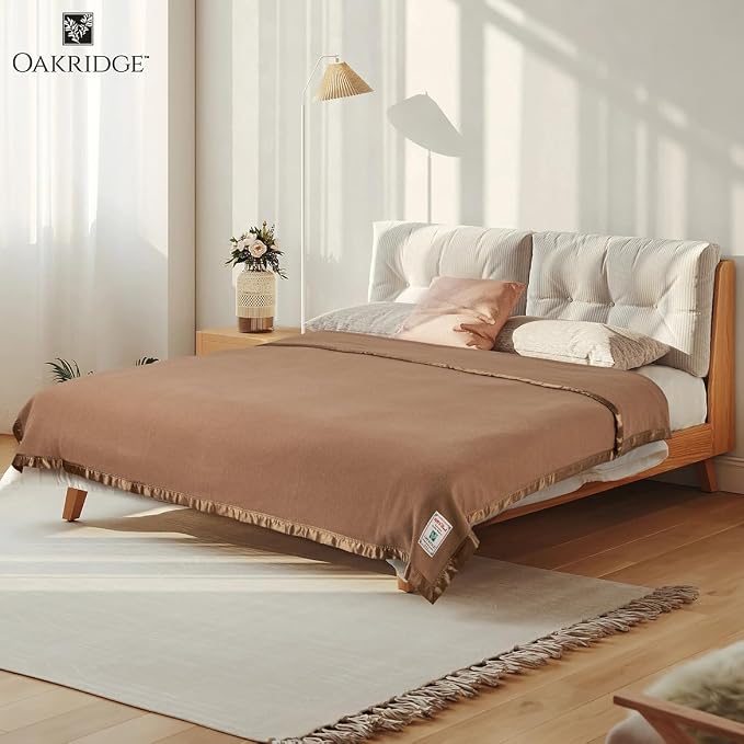 OakRidge Heirloom Merino Wool Blanket – 100% Australian Wool with Vintage Satin Edges – Breathable, Odor-Resistant, All-Season Bedding in Full/Queen Size – Tan Cozy Throw for Home or Travel