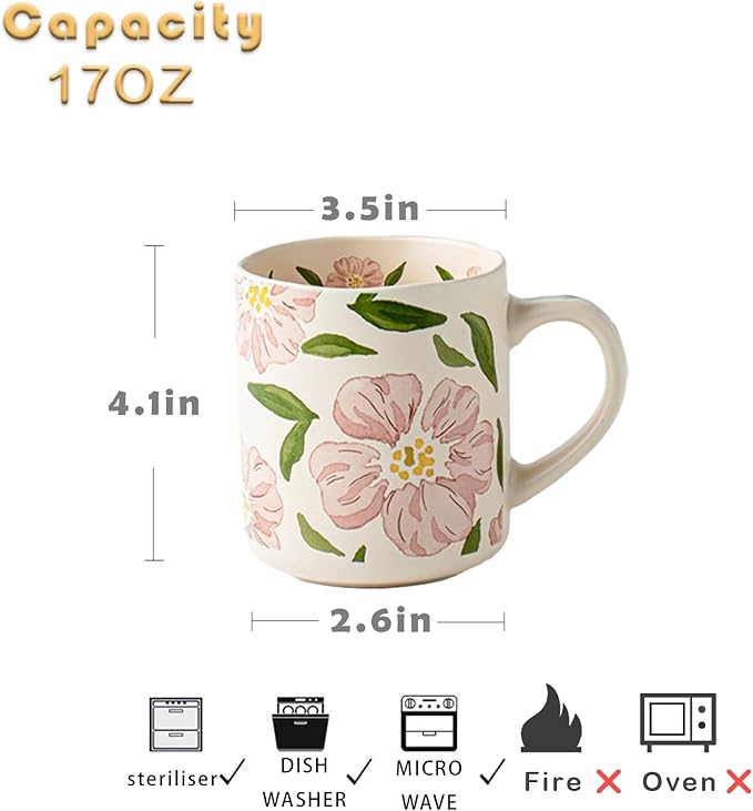 Ceramic Mugs for Men & Women, Unique Microwave & Dishwasher Safe Tea/Coffee Rustic Stoneware Cups for Office & Home (Pink Straight Flower Mug)
