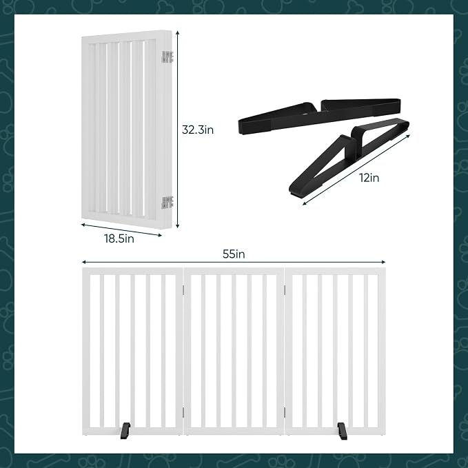 Semiocthome Freestanding Dog Gate 32" Tall, 3-Panel Foldable Dog Gates for Doorways Stairs House, Pet Gate Indoor with 2 Metal Stands, White