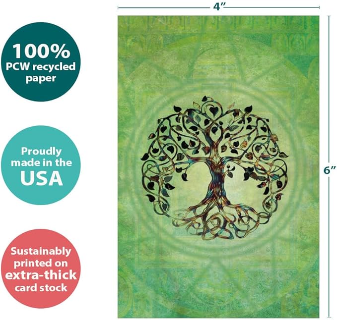 Tree-Free Greetings Tree of Life All Occasion Cards - 12 Recycled 4x6 Notecards & White Envelopes, Thick Cardstock, Sustainably Made in USA - Green New Age Art