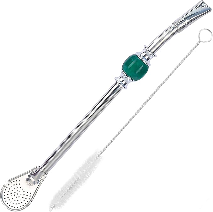 Premium Yerba Mate Straws - Reusable Stainless Steel Bombilla Straw with Colorful Beads - Set with Removable Head Filter (Green)