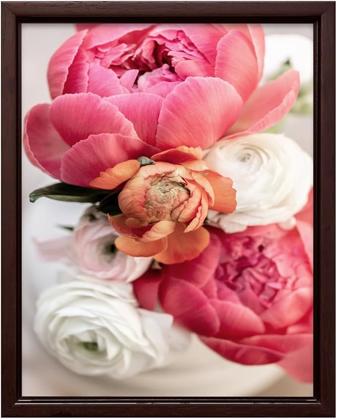 Monem Art Pink Peony Floral Macro Photography Print - Romantic Flower Art Poster - Wall Decor for Living Room, Bedroom or Office - 12x16 Brown Framed CANVAS Wall Art by Mareike Bohmer