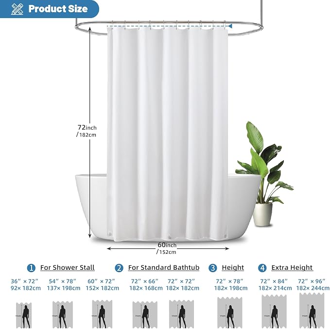 1 Pack Water-Repellent Fabric Shower Curtain Liner - Hotel Quality Machine Washable, 3 Heavy-Duty Magnets with Rustproof Grommets & Weighted Hem, Standard Size 60x72in White