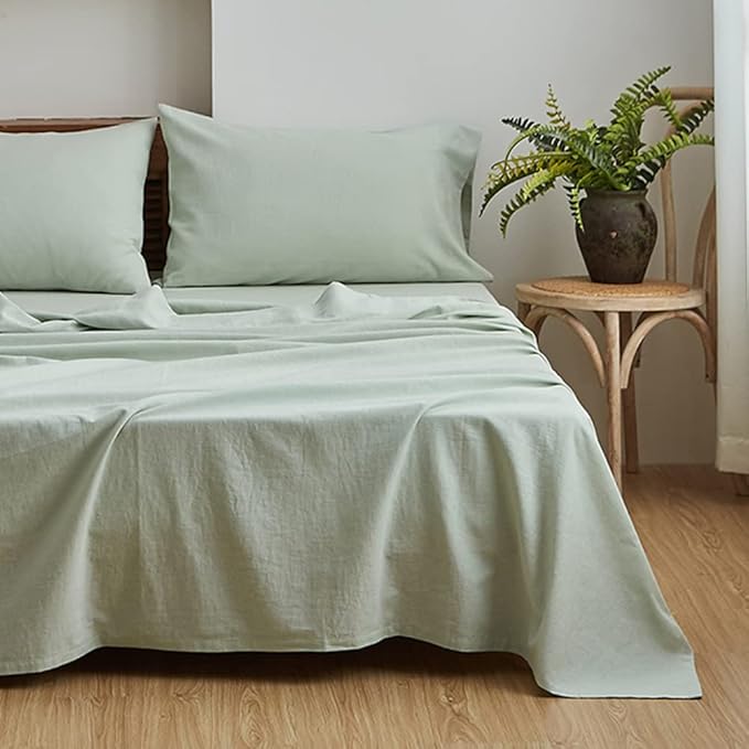 BISELINA Linen Sheet French Flax Flat Sheet Only 55% Euro Linen 45% Cotton Basic Style Solid Color Soft Breathable Farmhouse Top Sheet 1-Piece (Queen, Mint Green)