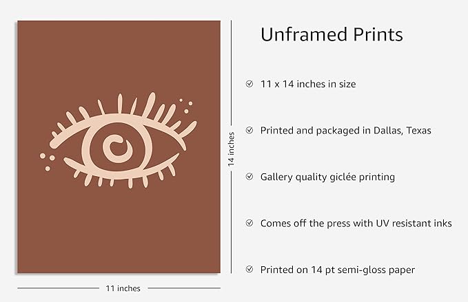 Y2K BOO Mystical Evil Eye UNFRAMED Wall Art Nazar Protection Symbol Earth Tones Terracotta Mid Century Modern 11x14 Inch Heavyweight Paper Boho Spiritual Decor