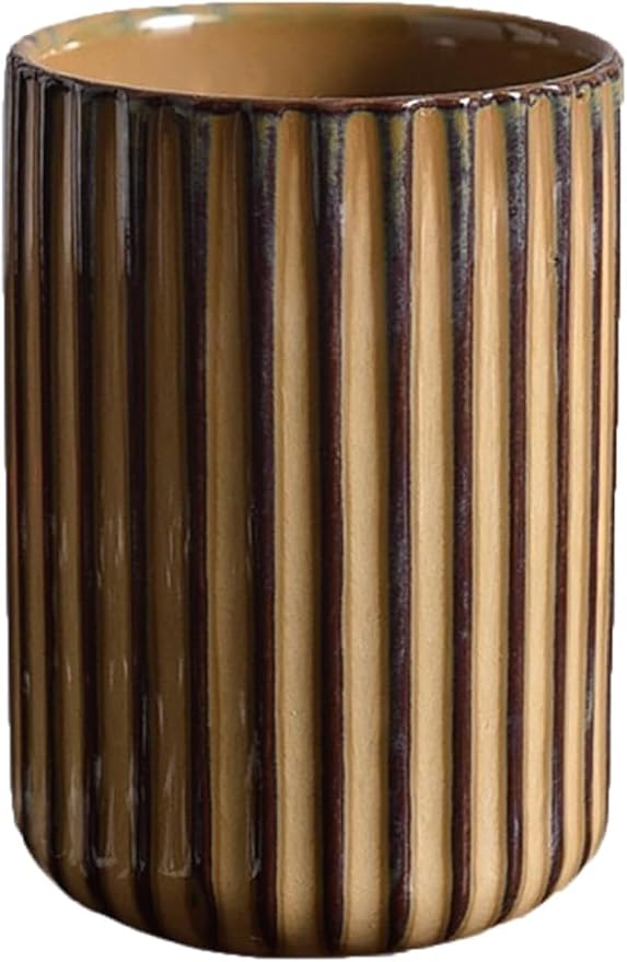 Vinitage Ceramic Mug, Japanese Tea Cup 10oz Striped Cup No Handle Drinking Cup for Latte Milk Water Beverage Juice Microwave and Dishwasher Safe, Kiln Transformation Cup (Brown)