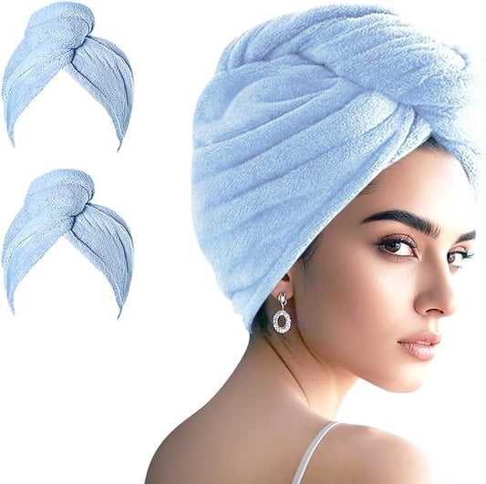 2 Packs Single Layer Microfiber Hair Drying Towel Wrap for Women, Hair Turbans Towel for Wet Hair,turbie Twist Hair Towels(Light Blue Color -2 PCS)