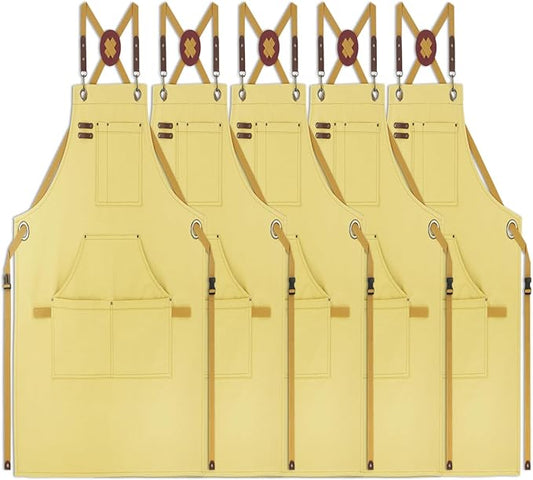 5 Pack Kitchen Apron, Work Apron, Canvas, Multiple Pockets, Gardening, Painting, BBQ, Artist, Carpenter, Sizes M to XXL, Amber