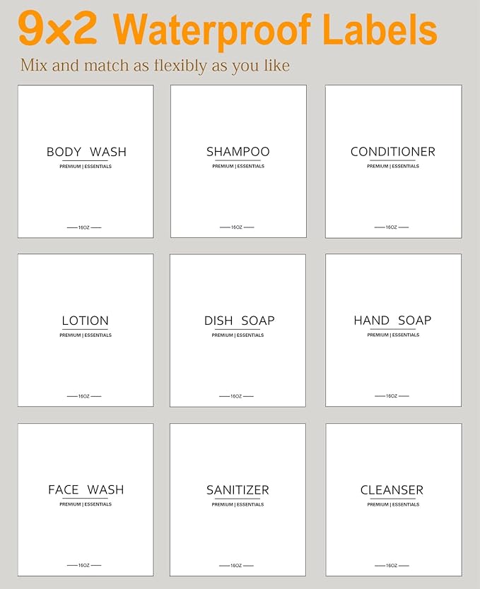 Frosted Plastic Shampoo and Conditioner Bottles, Apothecary Dispenser Bamboo Pump, Refillable Bottles for Shower Lotion, Oil, Hand Soap, Sanitizer, Liquid Soap, Set of 3 with 9 Labels (6, Matte Black)