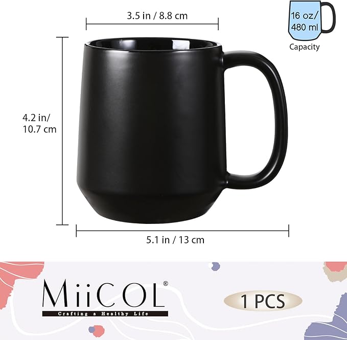 Miicol Ceramic Coffee Mug, 16 oz Large Coffee Cup, Tea Mug with Handle, Flat Bottom Mug for Men, Women, Office, Microwave and Dishwasher Safe, Multi-Color, Black