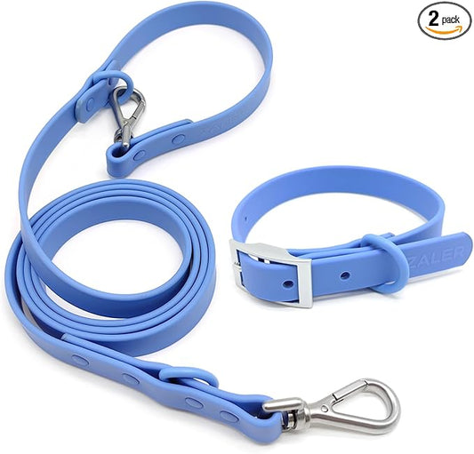 ZALER Dog Collar and Leash Set, Waterproof Adjustable Odor Proof Pet Collars Leashes Easy to Clean, 6FT Dog Leash with 2 Hooks for Large, Medium Small Dogs (M, Blue)